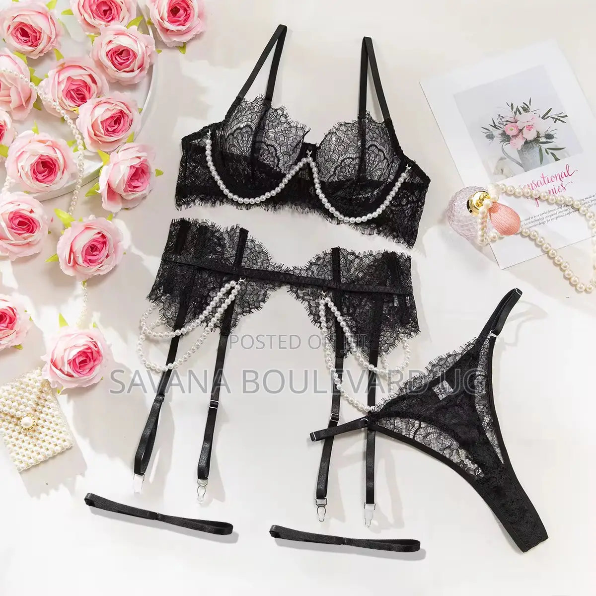 Savana Black 3pc Set With Pearls Lingerie