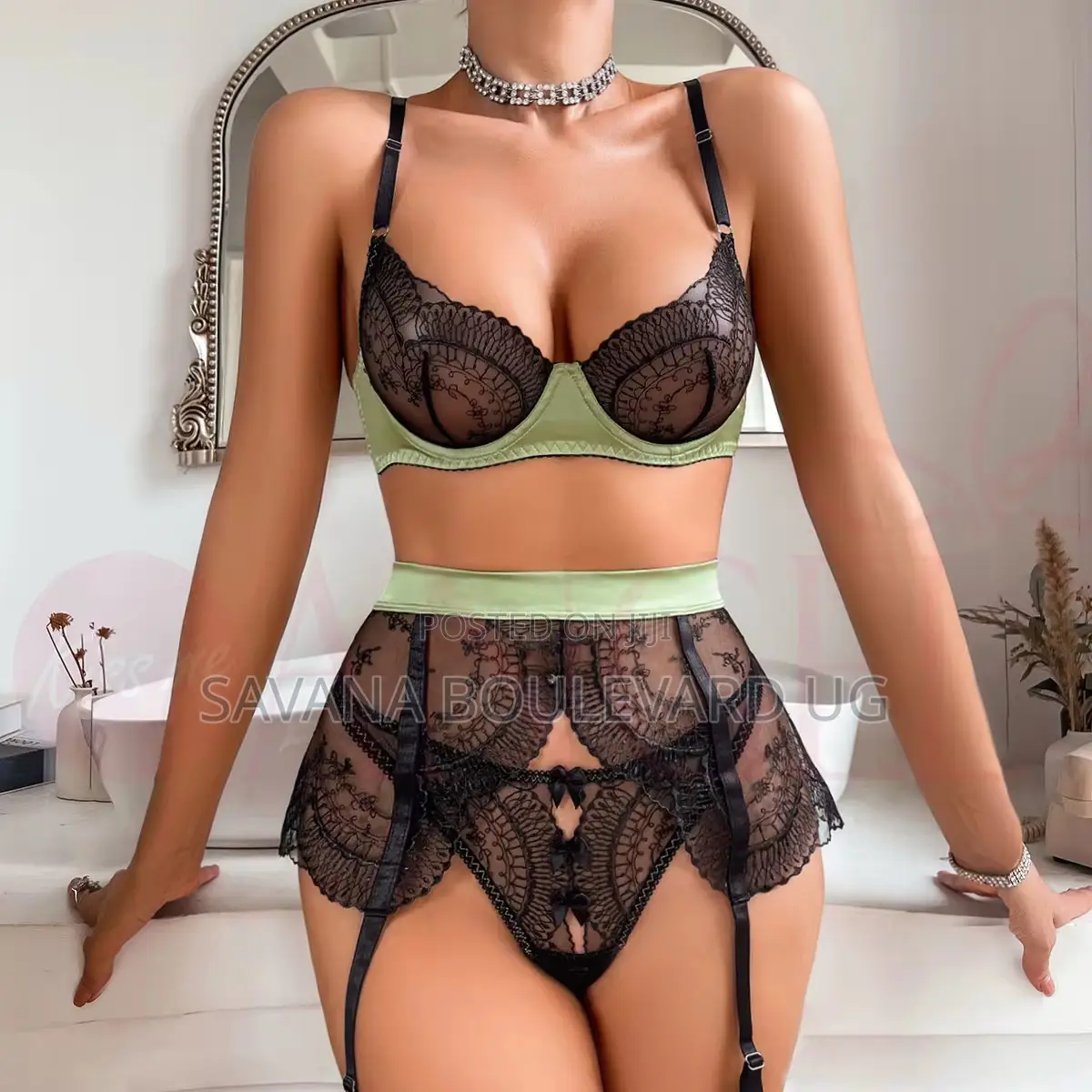 Savana Black Lace 3pc Lingerie With Satin Waistband