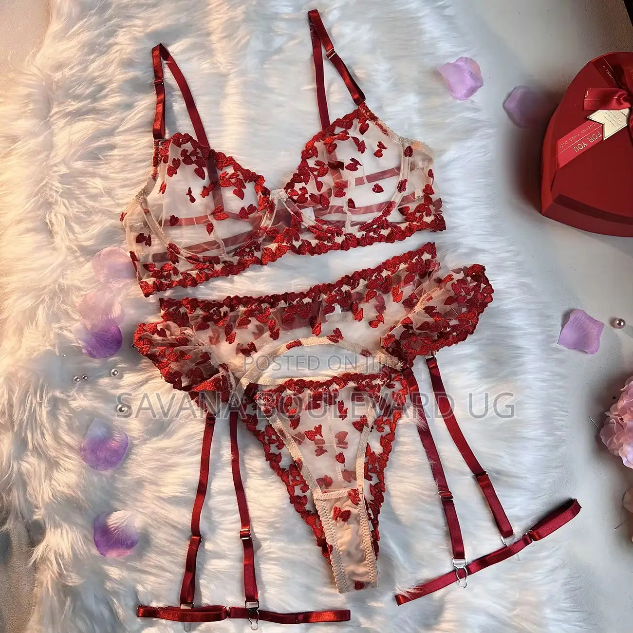Savana Red Floral Mesh Lingerie 3pc Set