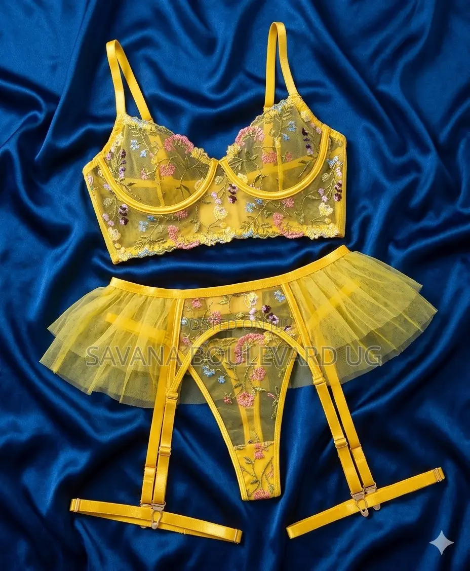 Savana Yellow Moon Pattern Mesh 3pc Lingerie Set