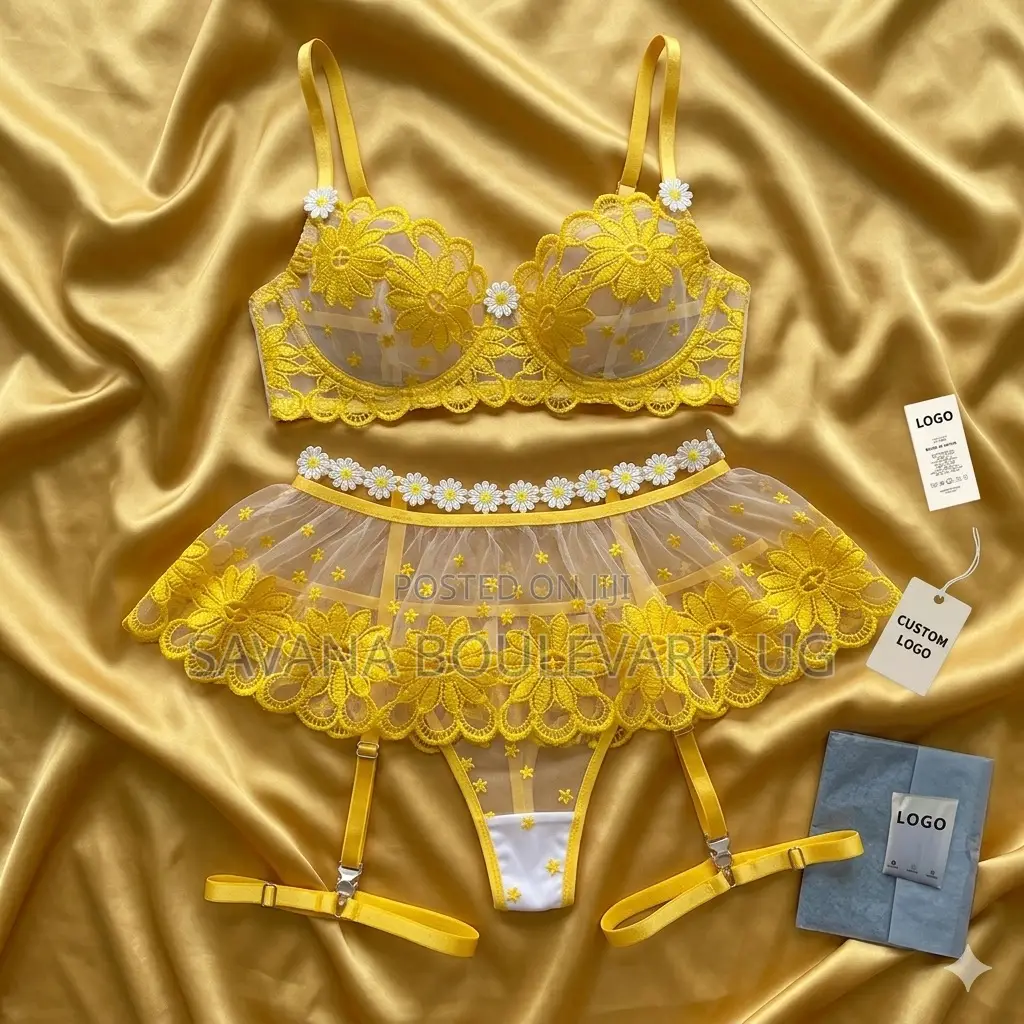 Savana Yellow Moon Pattern Mesh 3pc Lingerie Set