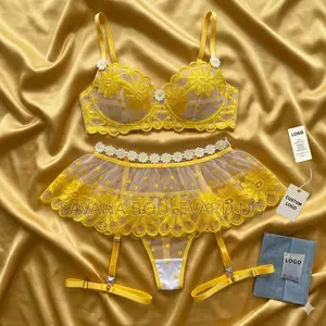 Savana Yellow Moon Pattern Mesh 3pc Lingerie Set