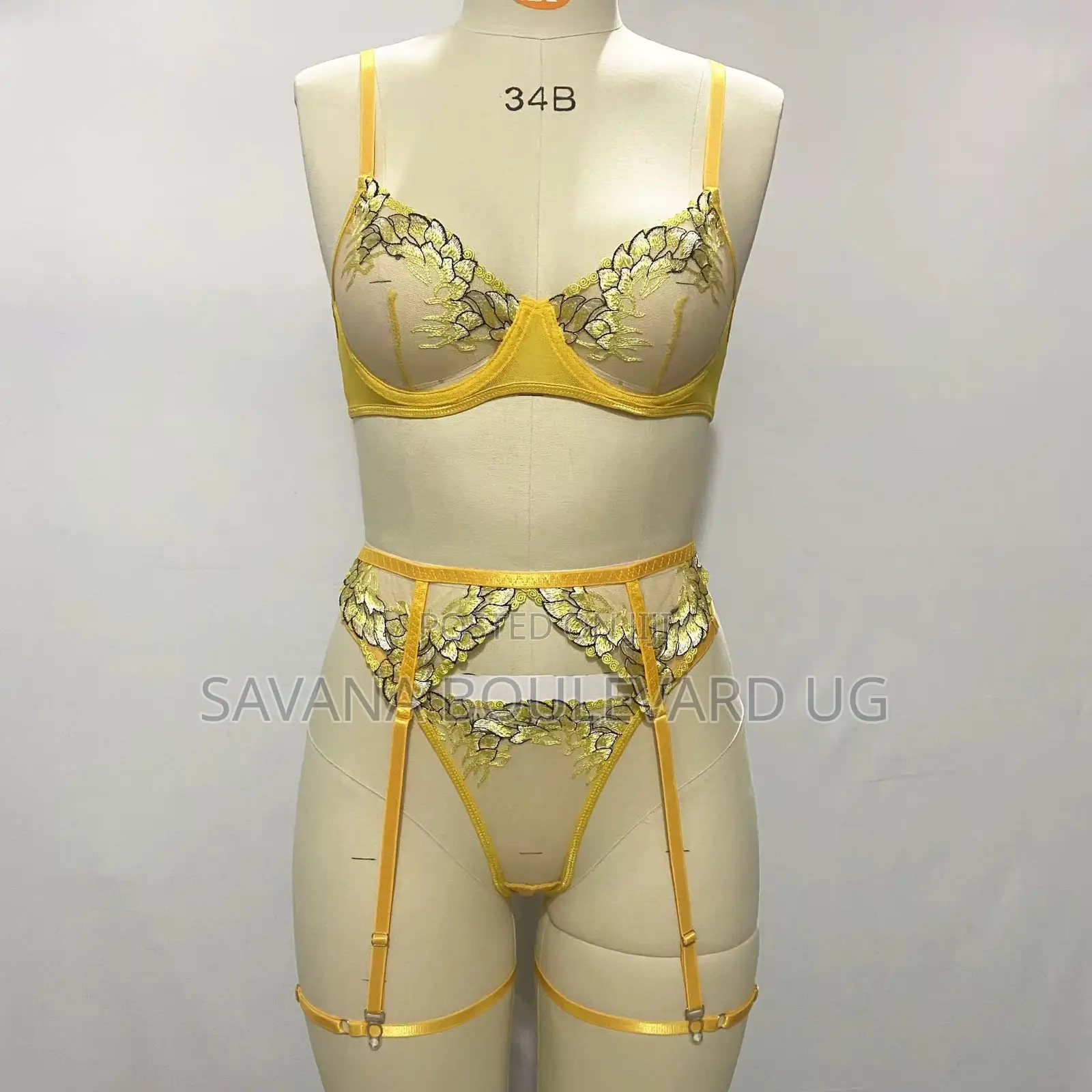 Savana Yellow Moon Pattern Mesh 3pc Lingerie Set