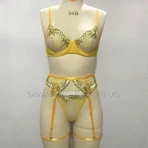 Savana Yellow Moon Pattern Mesh 3pc Lingerie Set