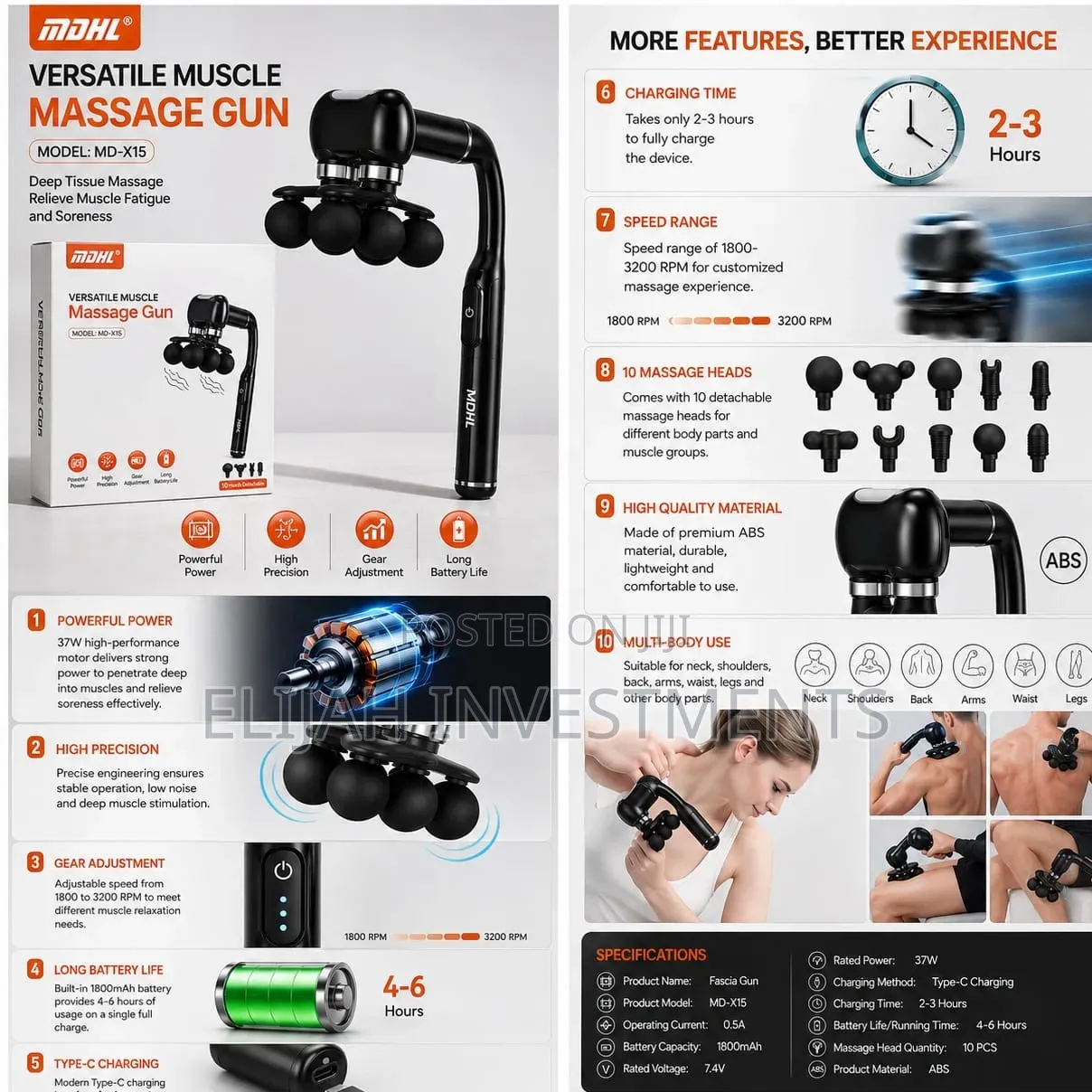 MDHL Deep Tissue Massage Gun – 10 Heads Portable Body Massager