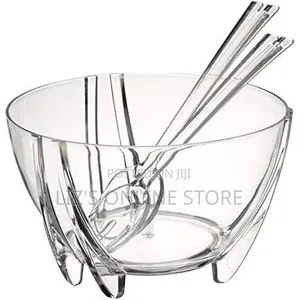 Acrylic Clear Serving Salad Bowl With Servers Spoons and Lid Cover-