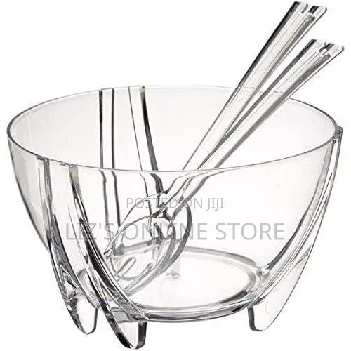 Acrylic Clear Serving Salad Bowl With Servers Spoons and Lid Cover-