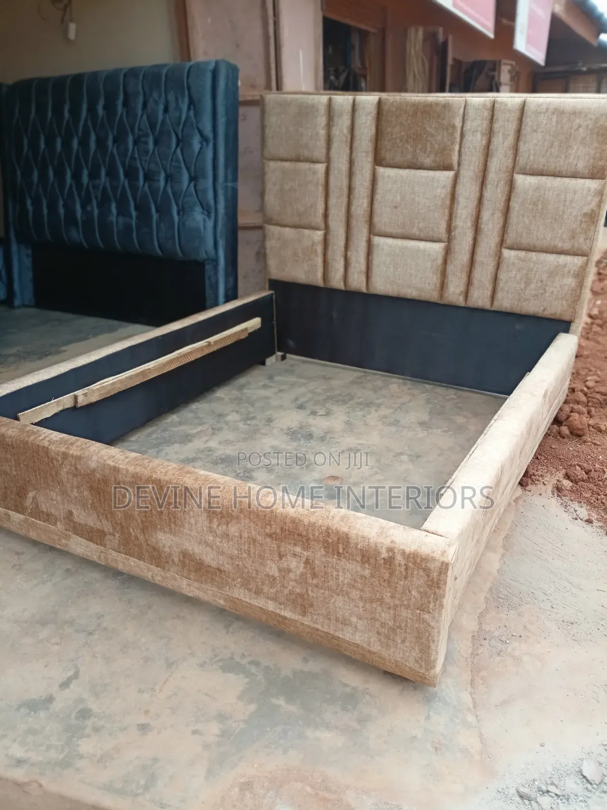 5x6 Double Bed Frame - Brown Block Padded Headboard