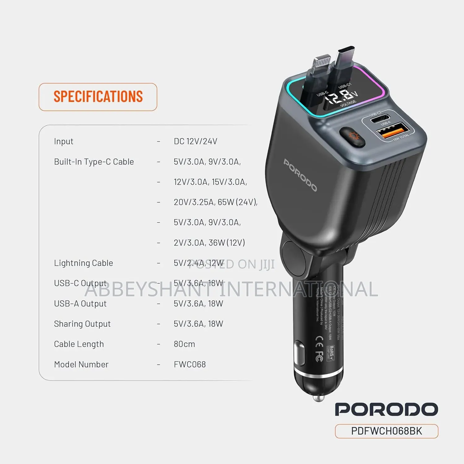 Porodo 65w Car Charger Dual Rectractabe Cable