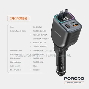 Porodo 65w Car Charger Dual Rectractabe Cable