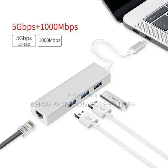 Type-C Hub With Ethernet, Lan, Rj45 Adapter and 3usb 3.0 Ports