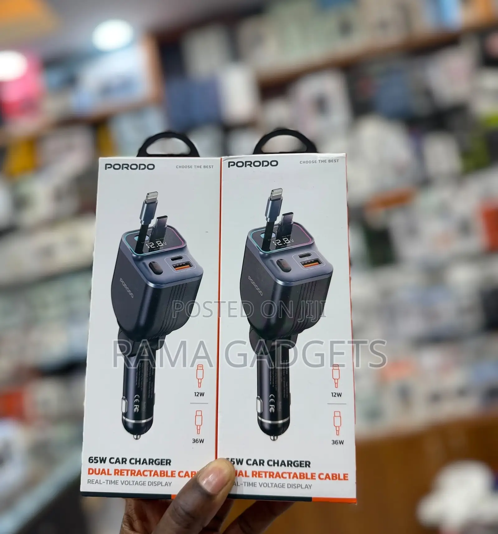 Porodo 65w Car Charger Dual Retractable Cables,Lightning Connector