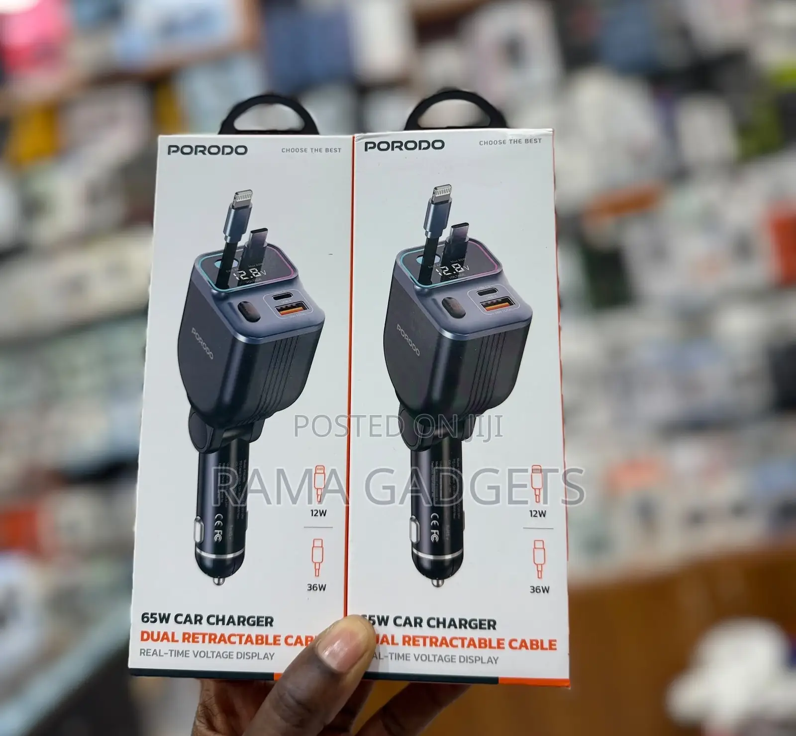 Porodo 65w Car Charger Dual Retractable Cables,Lightning Connector