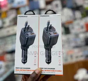 Porodo 65w Car Charger Dual Retractable Cables,Lightning Connector