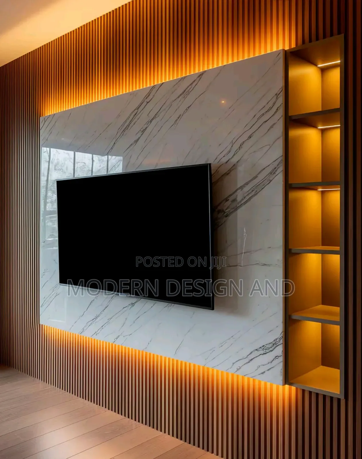Tv Unit With Brown Wall Panels and Marble Sheet