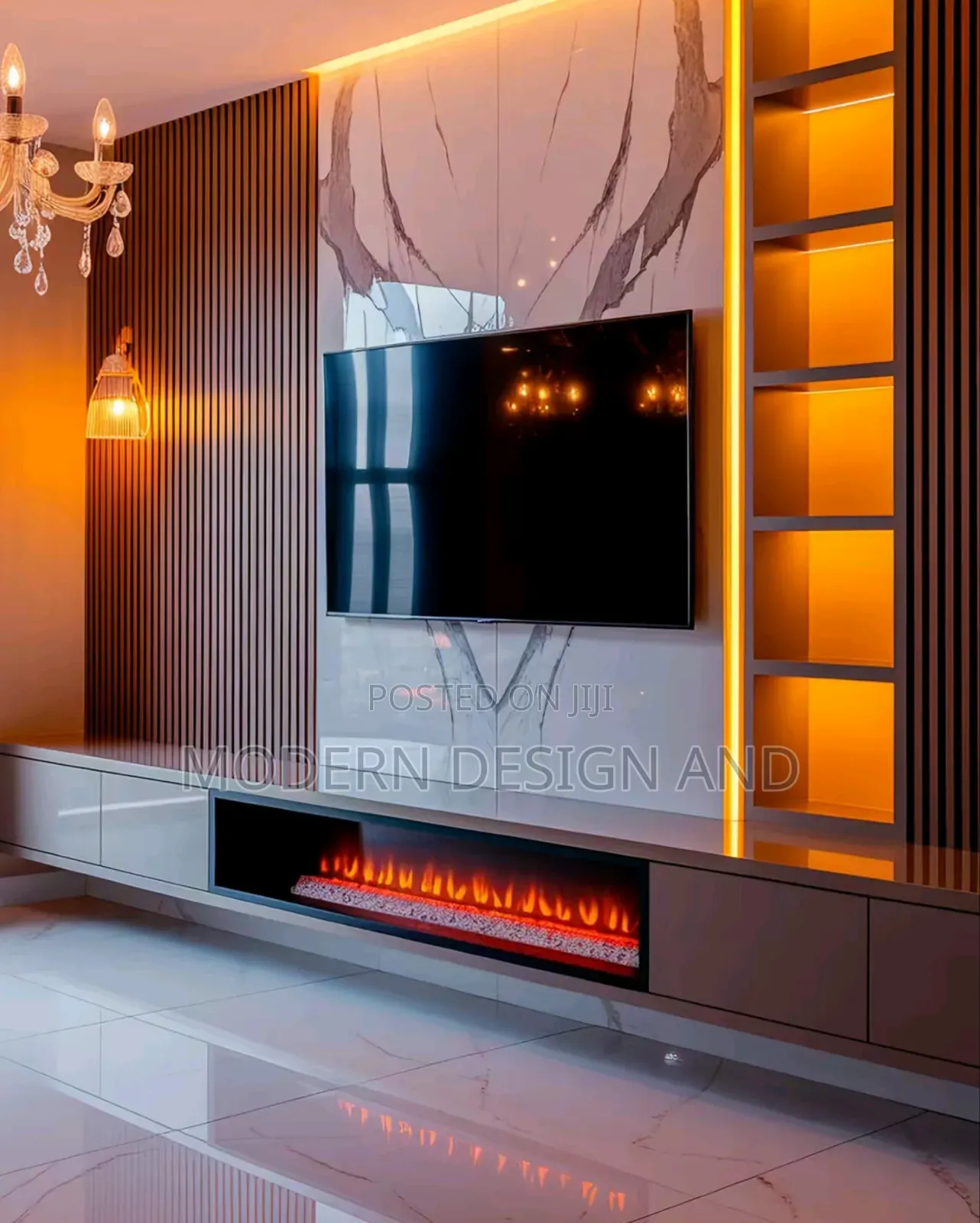Tv Unit With Brown Wall Panels and Marble Sheet