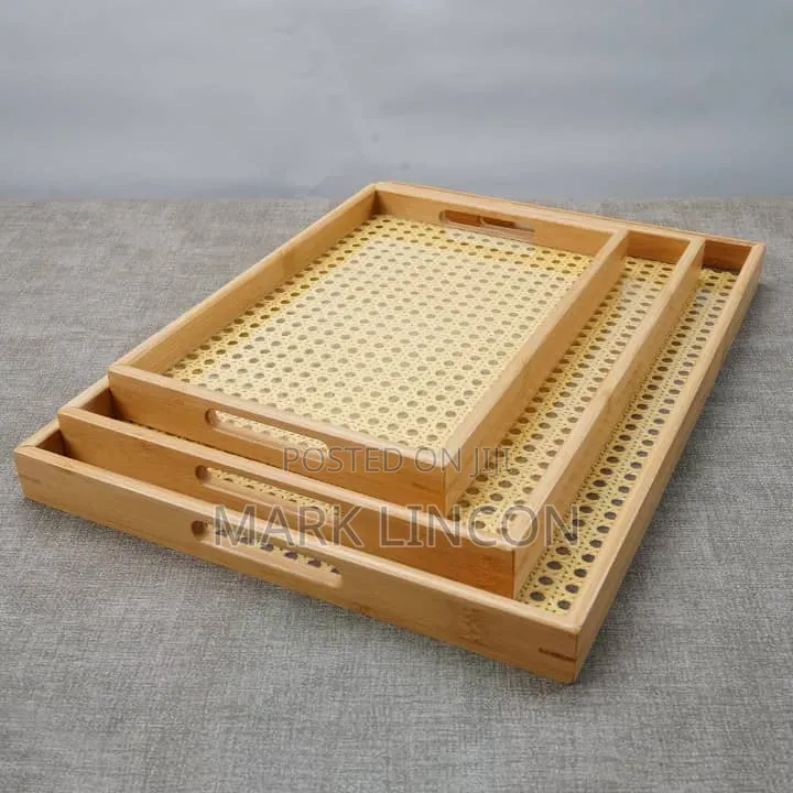 Rustic Wooden Tray Features a Distinctive Woven Rattan Base .