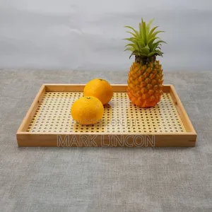 Rustic Wooden Tray Features a Distinctive Woven Rattan Base .