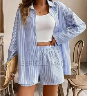 Women's Blue and White Vertical Striped Two-Piece Matching Set