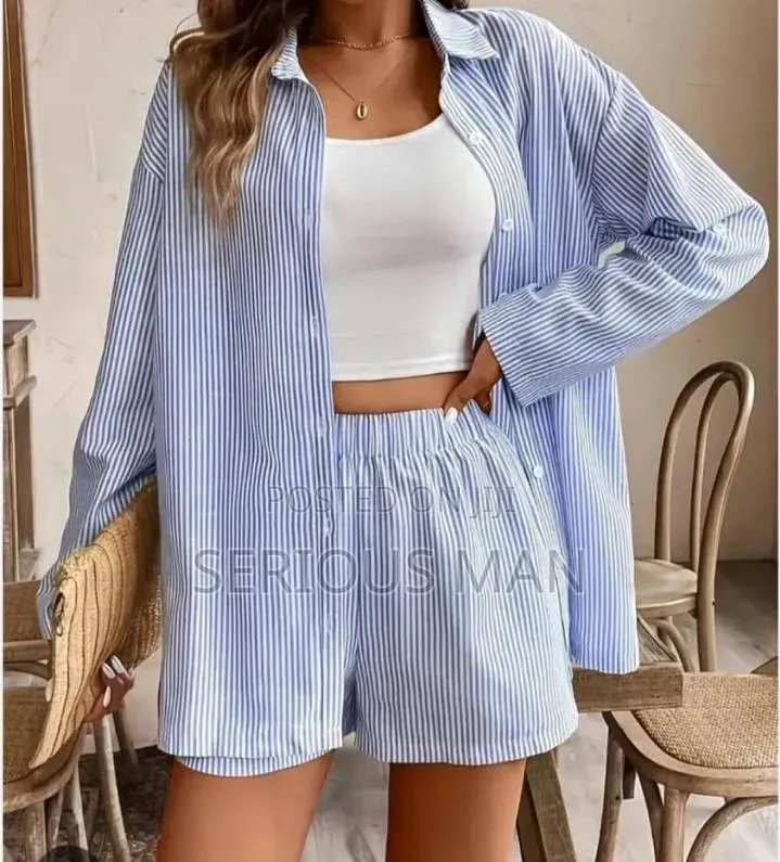 Women's Blue and White Vertical Striped Two-Piece Matching Set