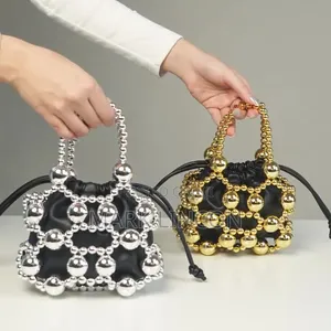 Luxury Beads Beading Handmade Handbag String Leather Pocket Bucket