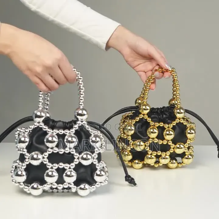 Luxury Beads Beading Handmade Handbag String Leather Pocket Bucket