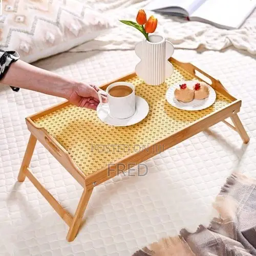 Foldable Bamboo Bed Tray A Natural Finish And A Woven Rattan Surface.