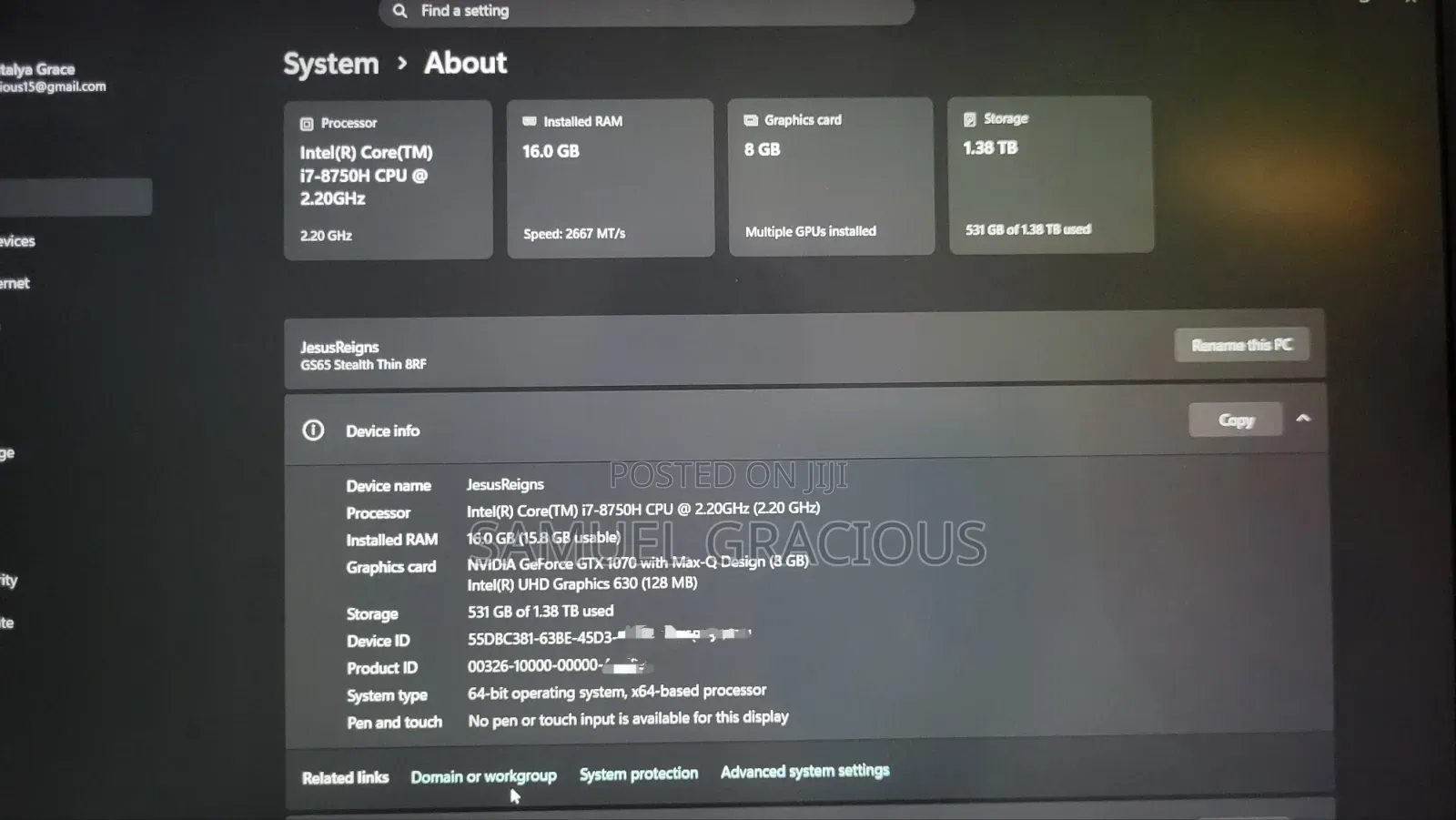 Laptop MSI GS65 Stealth Thin 8RF 16GB Intel Core i7 SSHD+SSD 1.5T