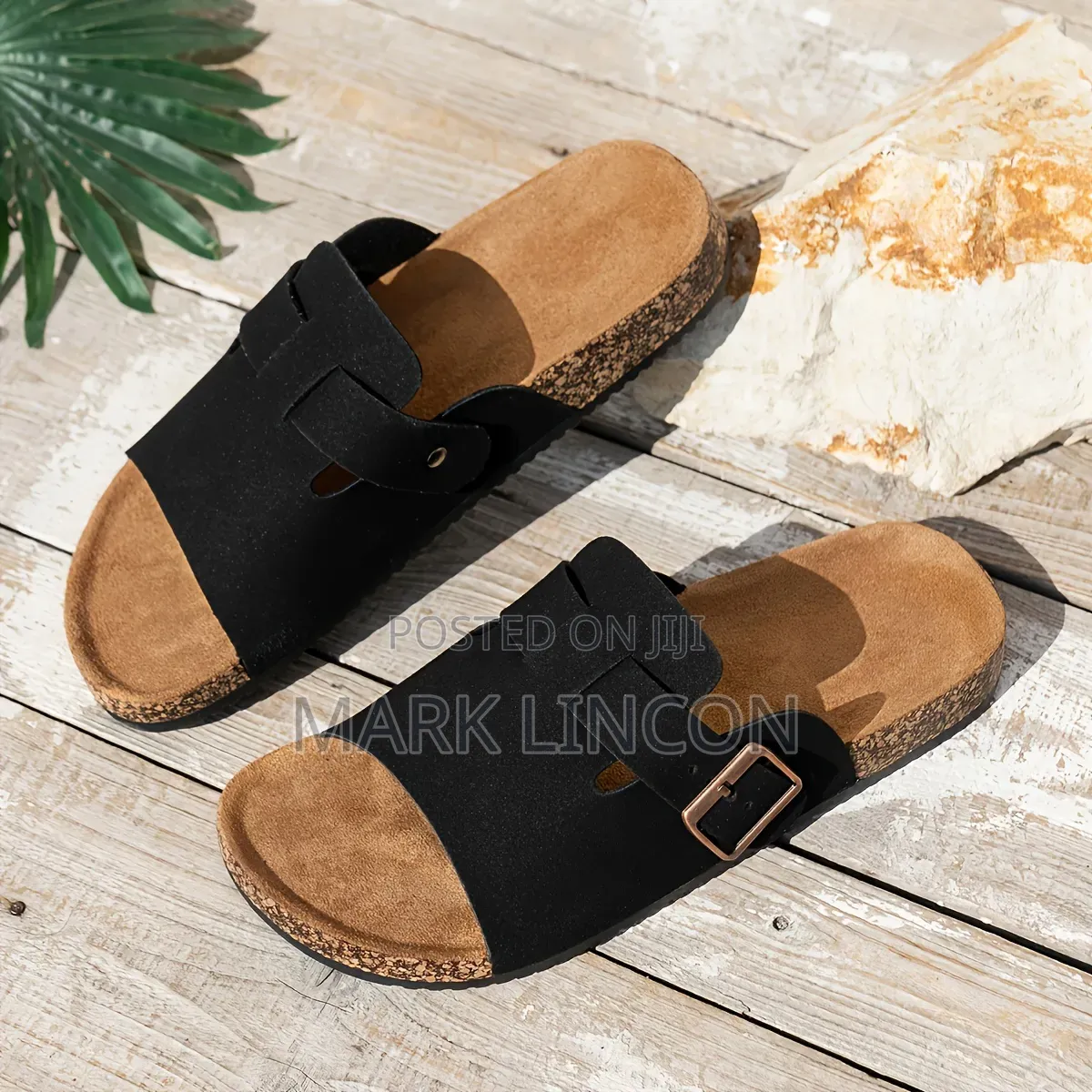 Unisex Slide Sandals Featuring a Black Upper Strap With a Metal Buckle