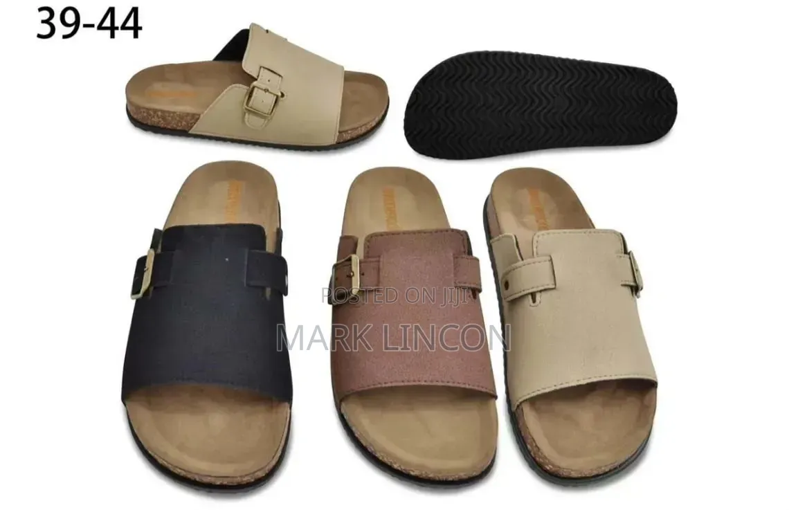 Unisex Slide Sandals Featuring a Black Upper Strap With a Metal Buckle