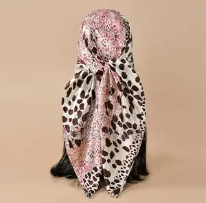Luxury Satin Silk Leopard Print Head Scarf (90x90cm)