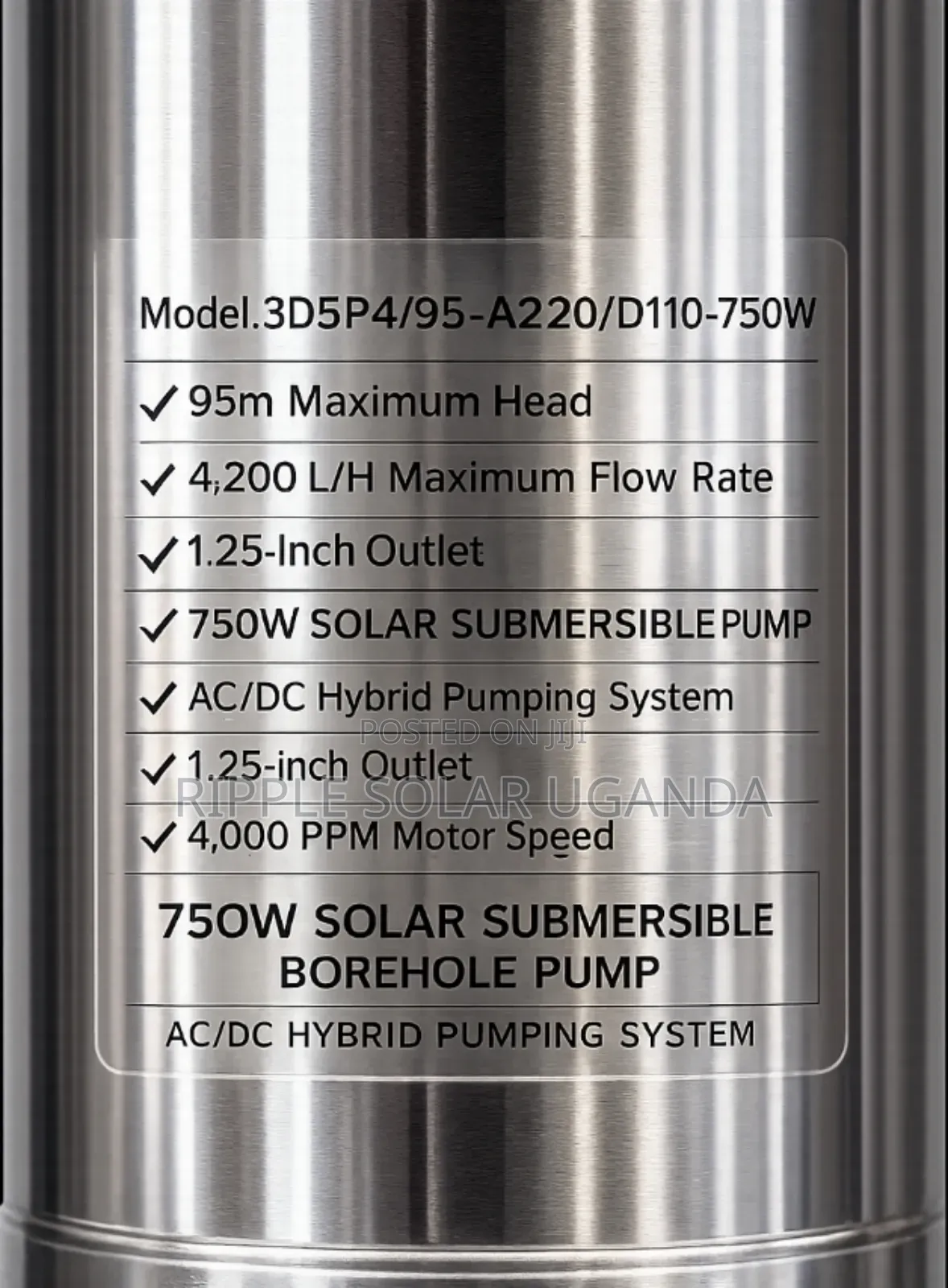 750w Ac/Dc Solar Deep Well Borehole Pump 95m Head 4200l/H 110v