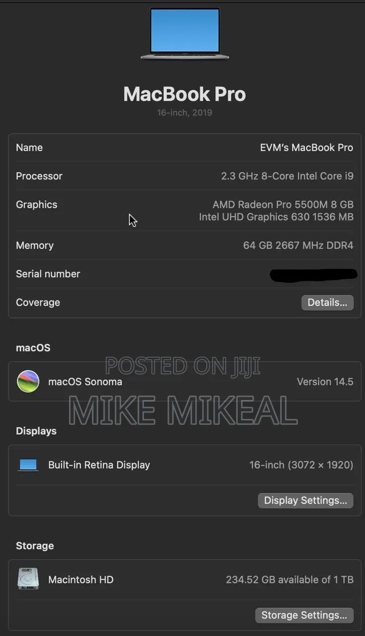 Laptop Apple MacBook Pro 2019 64GB Intel Core i9 SSD 1T