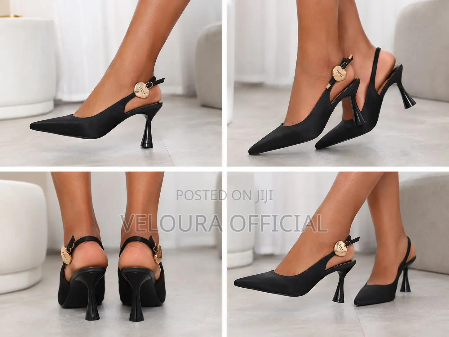 Veloura Luxury Black Pointed-Toe Kitten Heels With Gold Heart Charm