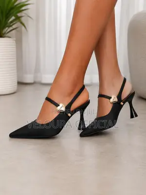 Veloura Luxury Black Pointed-Toe Kitten Heels With Gold Heart Charm
