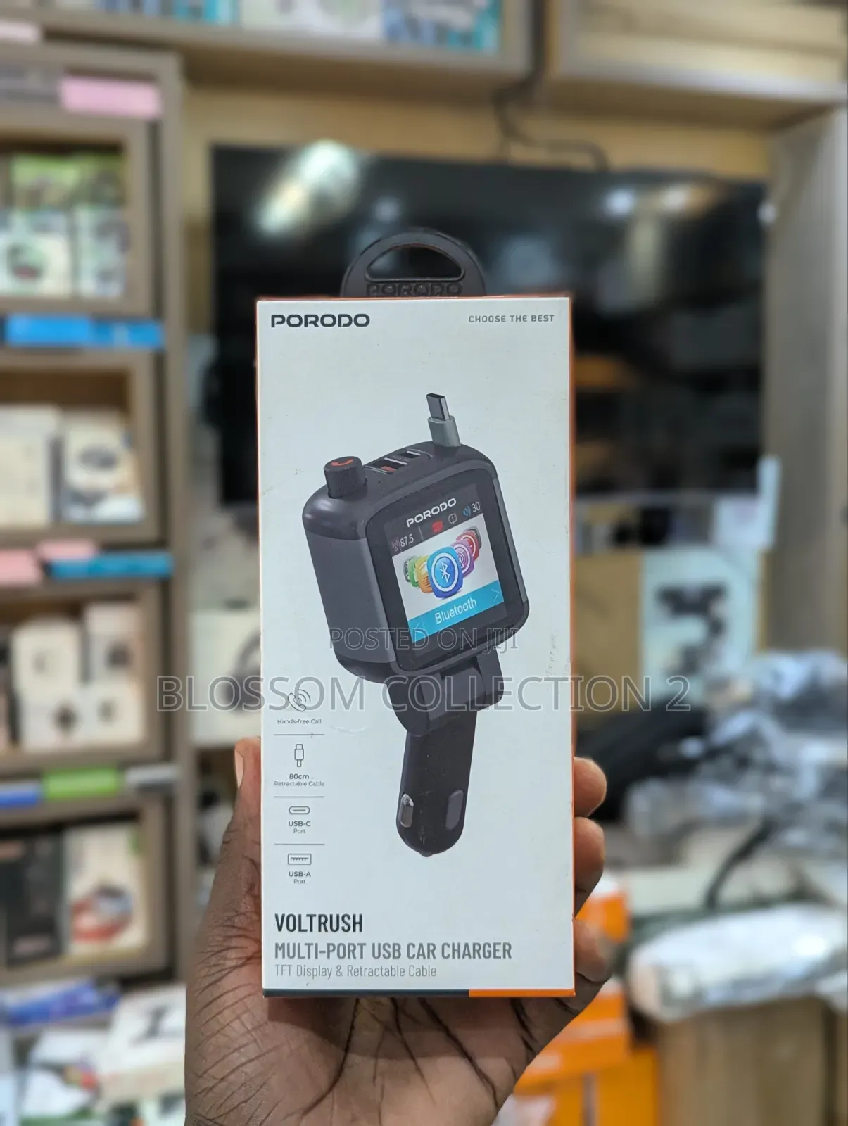 Porodo Voltrush Multi-Port Car Charger, Display Retractable Cable