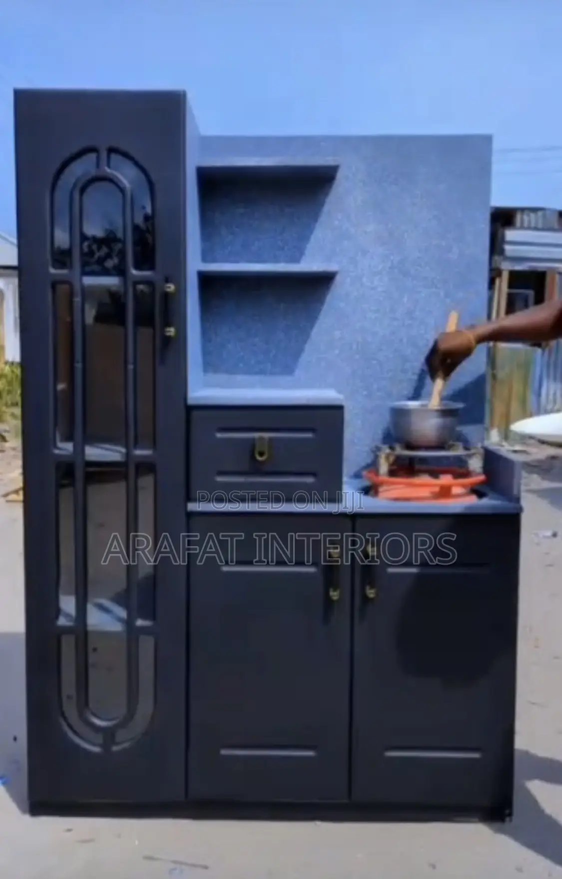 Modern Black Outdoor Kitchen Cabinet With Gas Stove Display Hutch