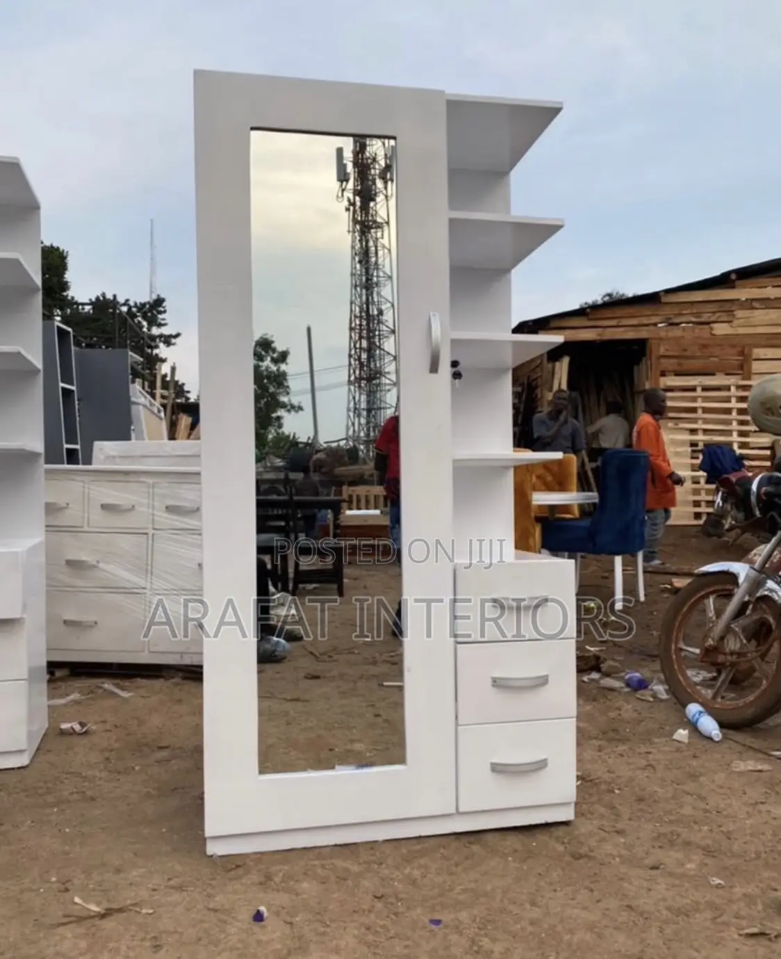 White Full-Length Mirror Dressing Cabinet With Shelves Drawers
