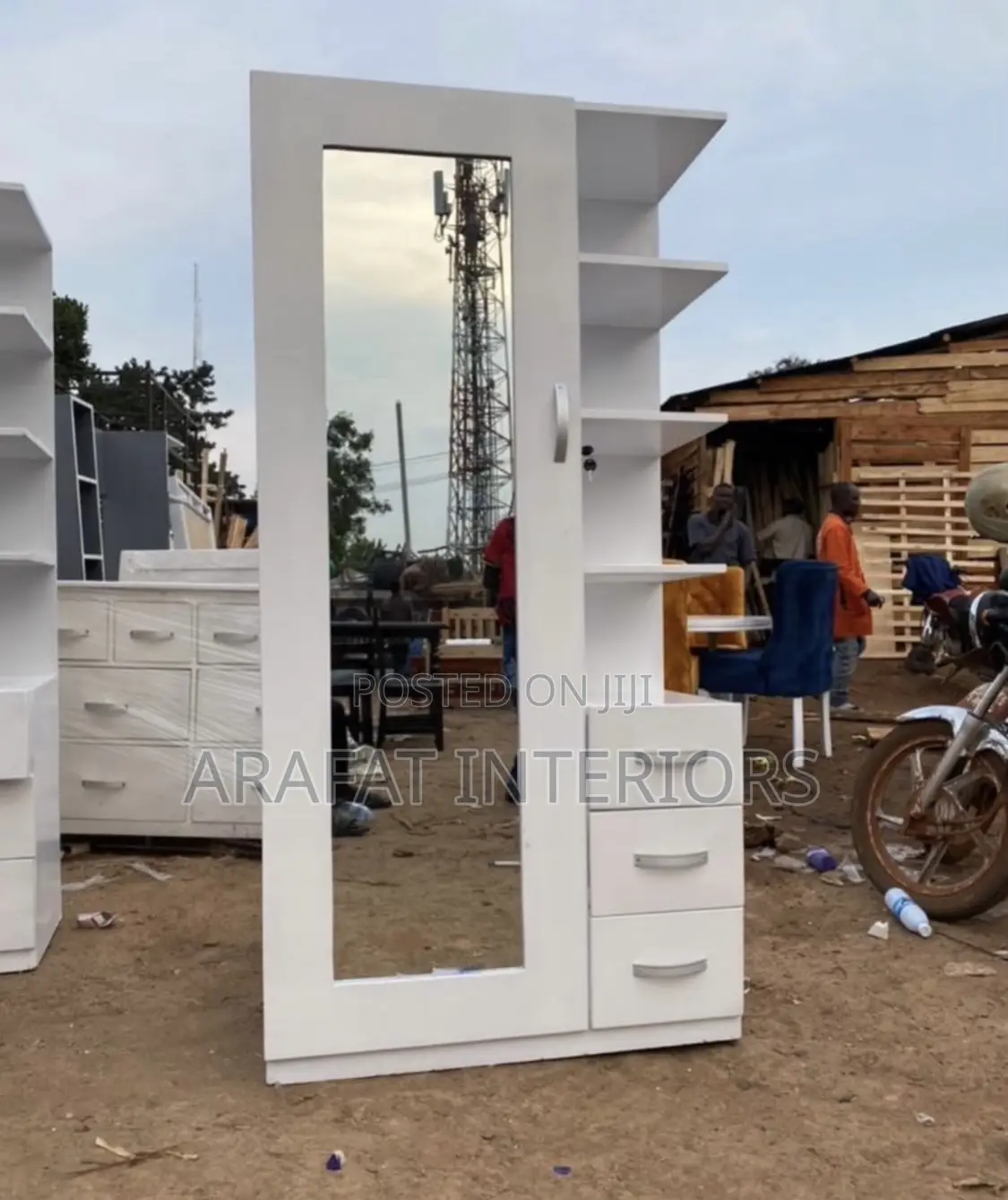 White Full-Length Mirror Dressing Cabinet With Shelves Drawers