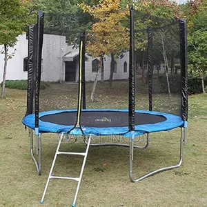 8ft Round Trampoline Features a Blue Safety Pad and a Safety Net .