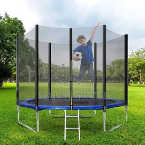 8ft Round Trampoline Features a Blue Safety Pad and a Safety Net .