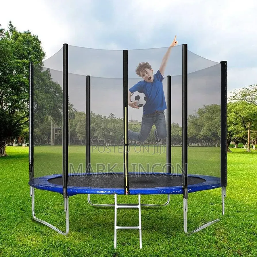 8ft Round Trampoline Features a Blue Safety Pad and a Safety Net .