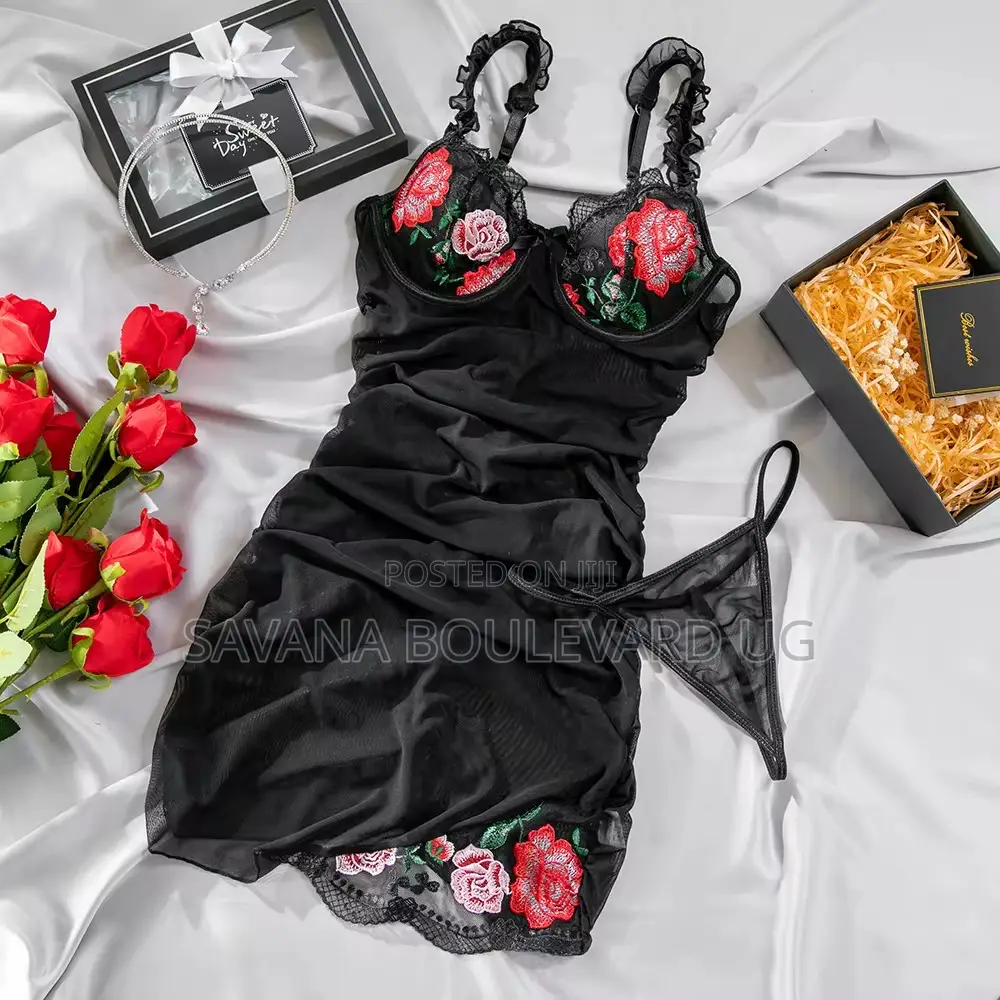 Savana Black Mesh With Floral Print Chemise Dress Lingerie