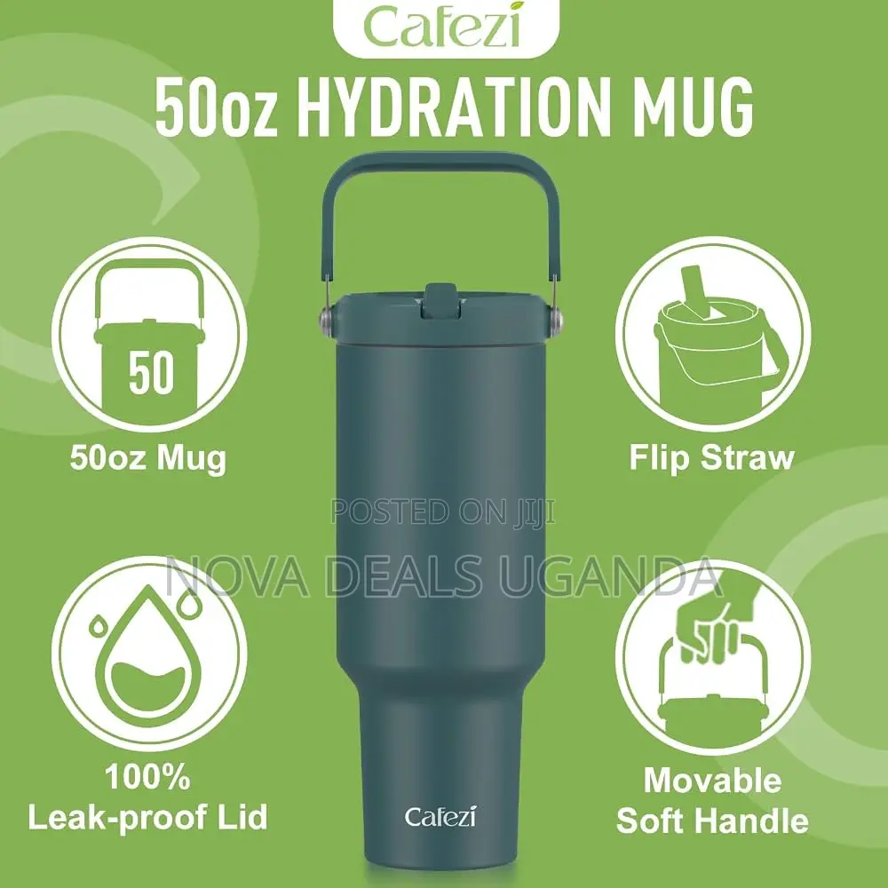 50oz Stainless Steel Vacuum Insulated Mug With Straw and Top Handle,