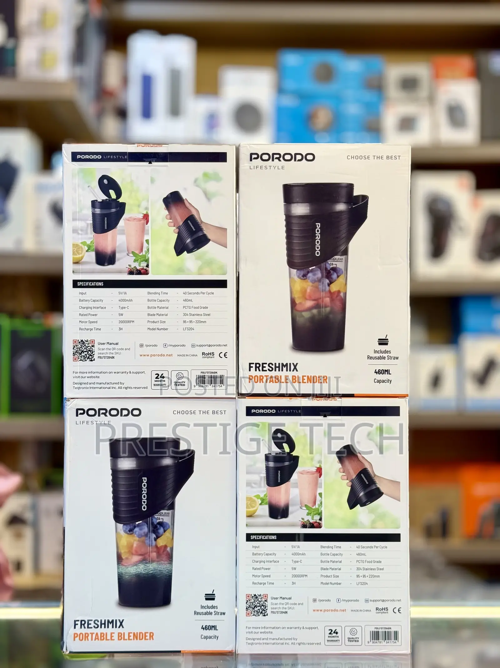 Porodo Fresh Mix Portable Blender With Reusable Straw, 480ml, 4000mah