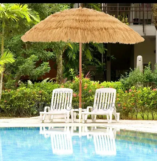 Stainless Steel Straw Roof Parasol Mid Century Design Brown Full Colo