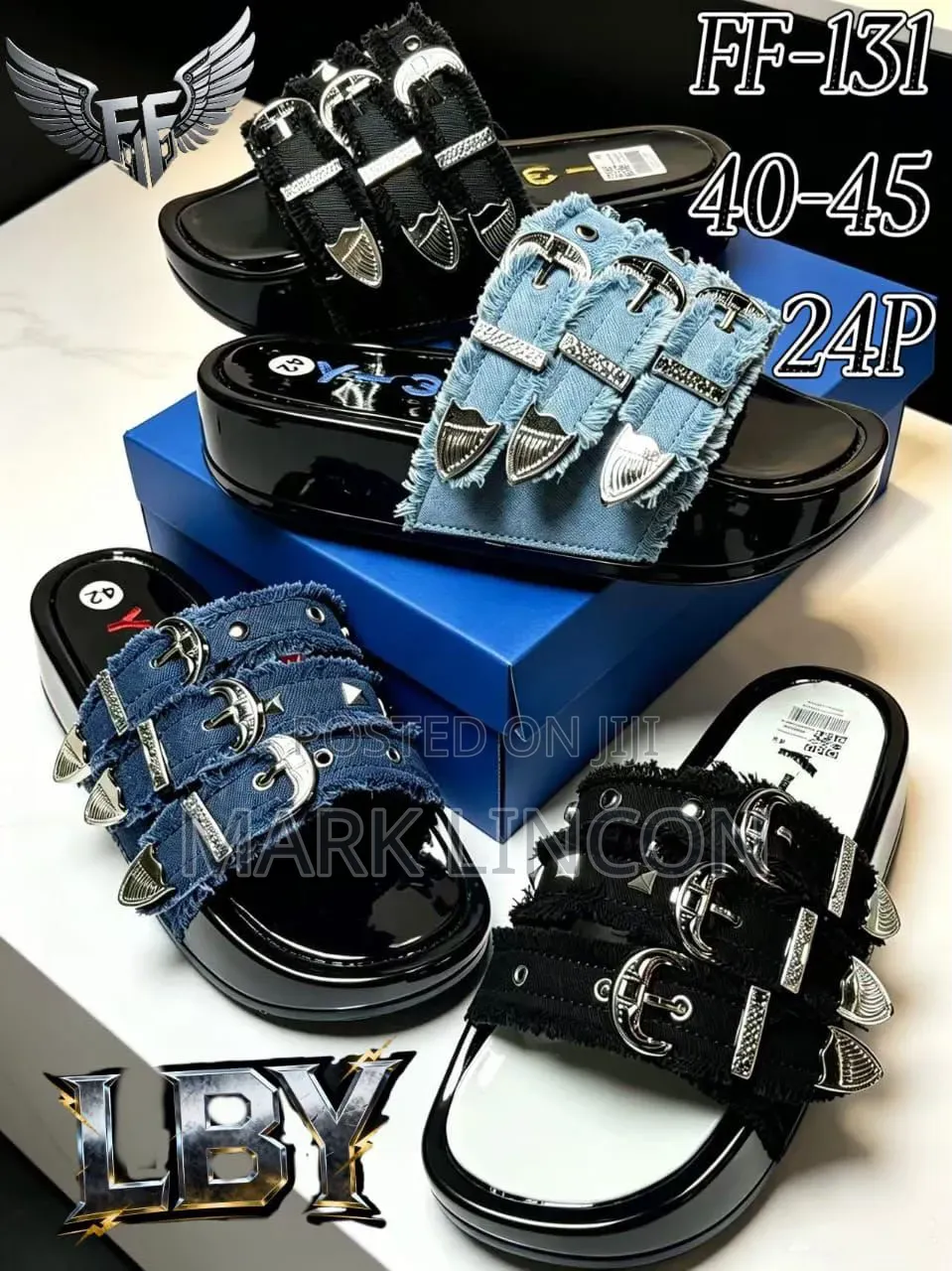 Platform Sandals Feature Denim Straps With Silver Buckles and Studs.