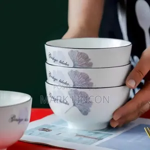 12 Pc White Ceramic Bowls Feature a Minimalist Ginkgo Leaf Design