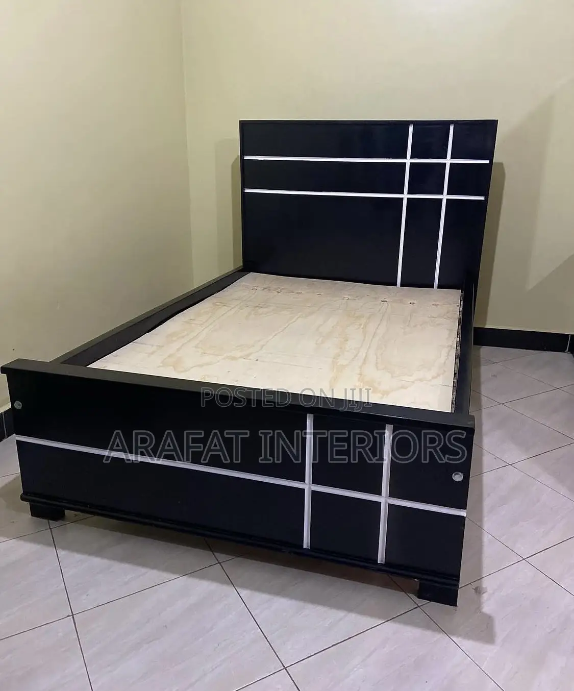 Stylish Modern Black Bed Frame With Sleek Silver/White Grid Design
