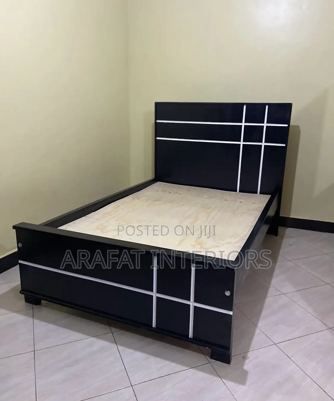 Stylish Modern Black Bed Frame With Sleek Silver/White Grid Design